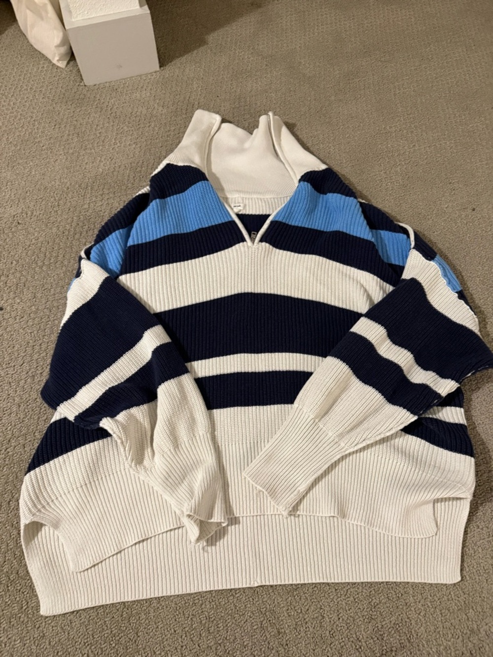 aerie Striped Half-Zip Sweater - Navy, White & Light Blue